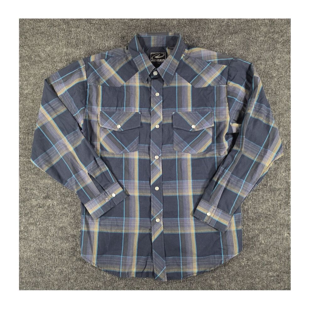 Roper Youth Blue Plaid Long Sleeve Button-Up Shirt Pockets